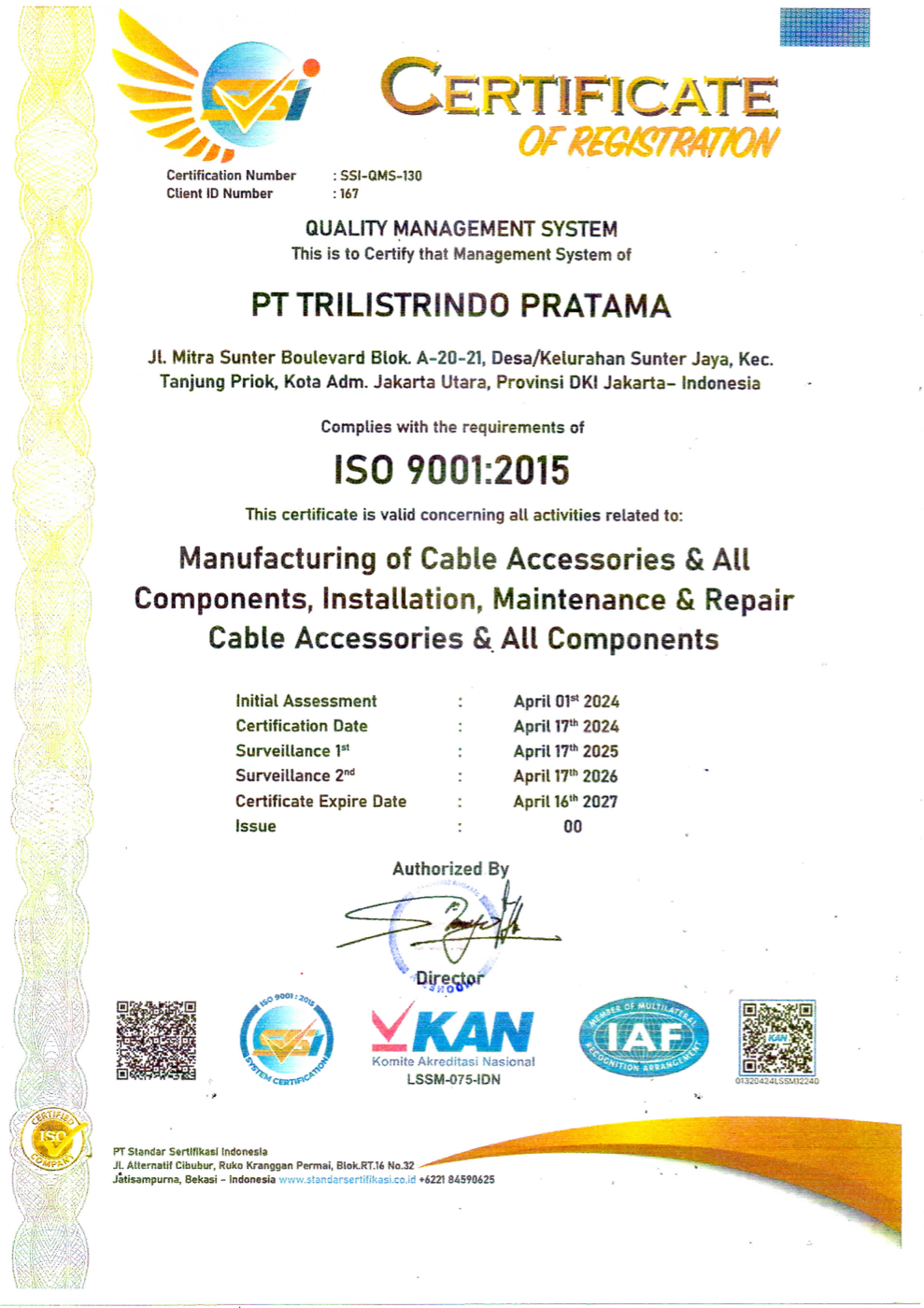 Sertifikat ISO 9001 2015 PT Trilistrindo Pratama untuk manufaktur, instalasi, pemeliharaan, dan perbaikan aksesori kabel