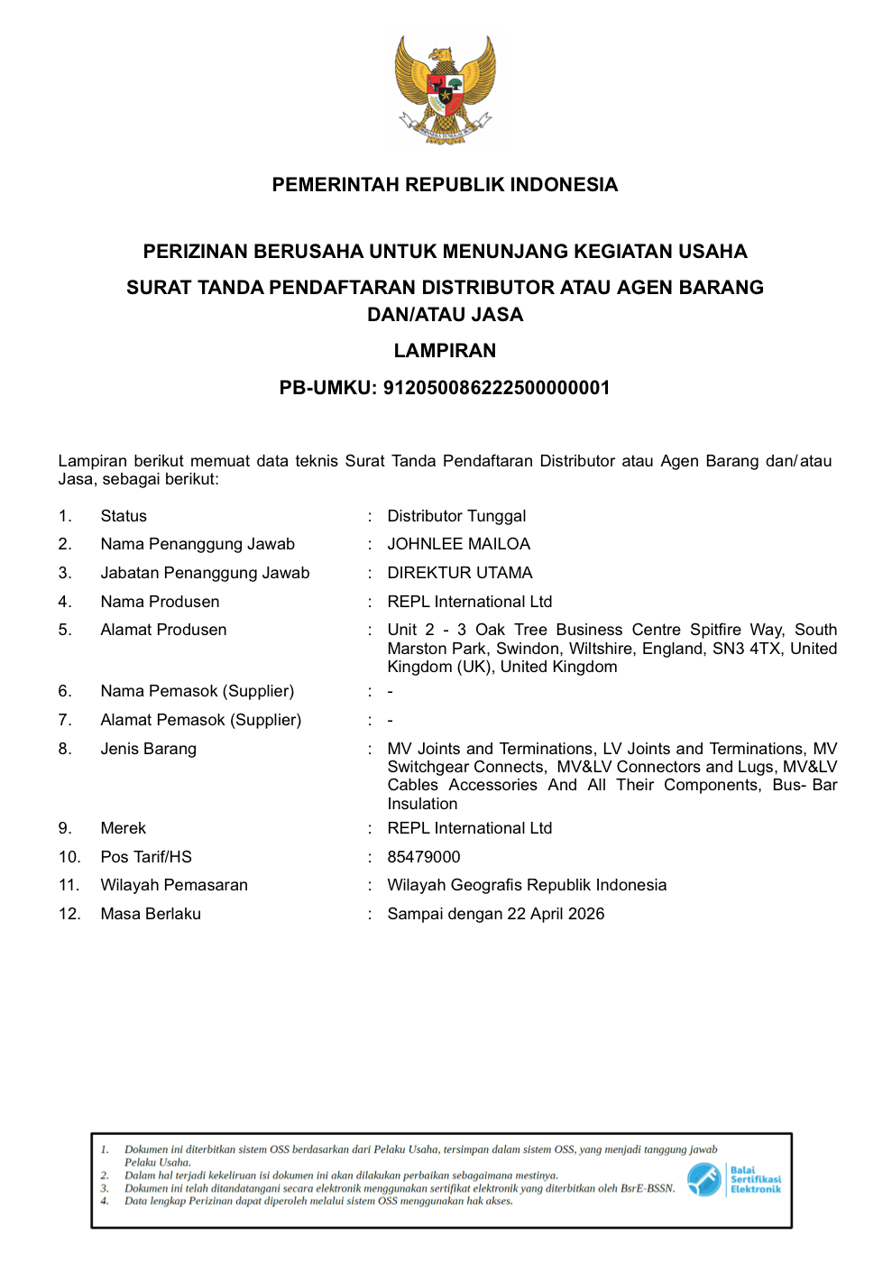 Surat Tanda Pendaftaran PT Trilistrindo Pratama sebagai distributor tunggal REPL International Ltd di Indonesia